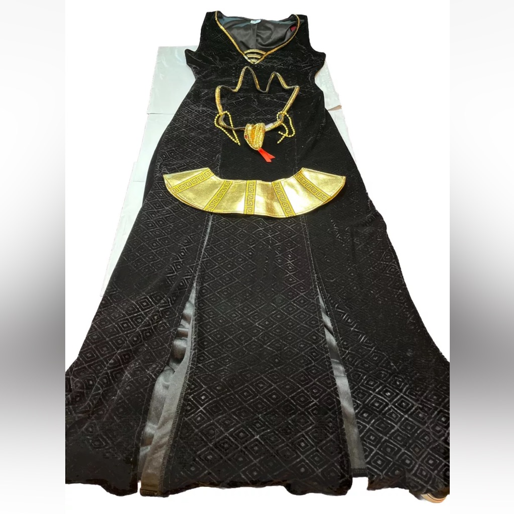 Cleopatra Black Velvet Long Egyptian Dress Gold Snake Crown Gold Collar Women M